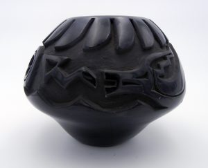 Santa Clara black polished avanyu pot by Chris Martinez