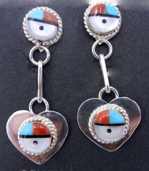 Zuni multi-stone inlay and sterling silver double sunface dangle earrings