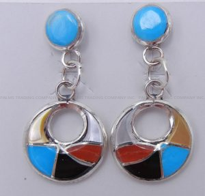 Zuni multi-stone inlay and sterling silver small cutout dangle earrings