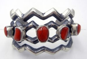 Navajo sandcast sterling silver and coral zig zag cuff bracelet