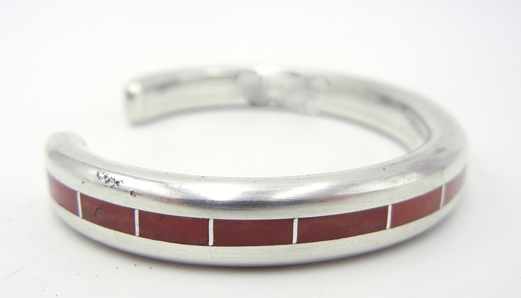 Navajo Larry Loretto Coral And Sterling Silver Channel Inlay Cuff