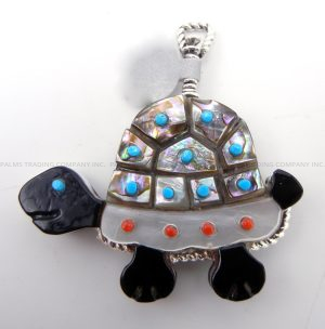 Zuni double sided multi-stone inlay and sterling silver turtle by Darrell Shebola