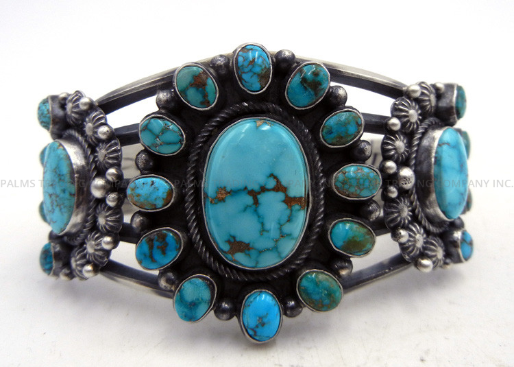 Navajo Tyler Brown Royston Turquoise and Sterling Silver Rosette Cuff Bracelet