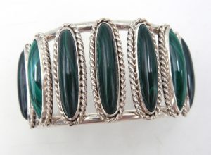 Navajo malachite and sterling silver row cuff bracelet by Leonard and Racquel Hurley