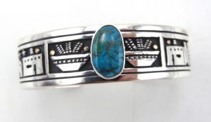 Santo Domingo sterling silver and 14k gold overlay and turquoise cuff bracelet by Joseph Coriz