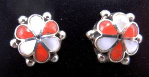 Zuni coral, white mother of pearl, and sterling silver inlay rosette earrings