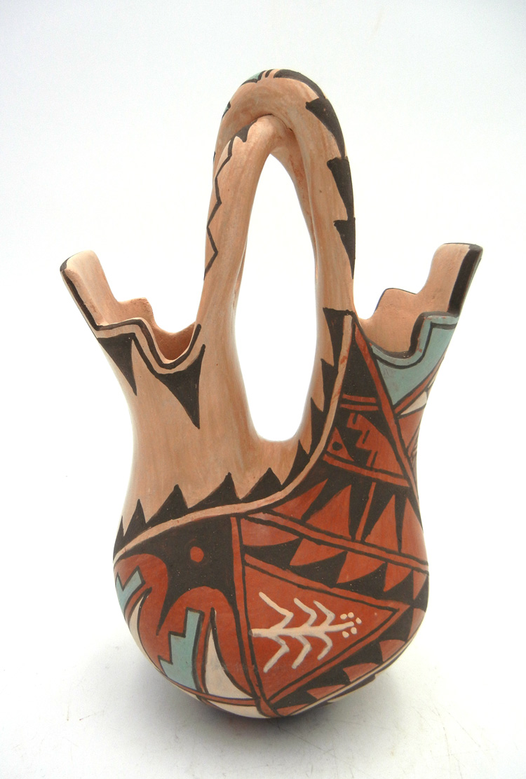 Jemez Juanita Fragua Polychrome Wedding Vase with Twisted Handle native american indian pottery jemez wedding vase juanita fragua polychrome geometric design 1
