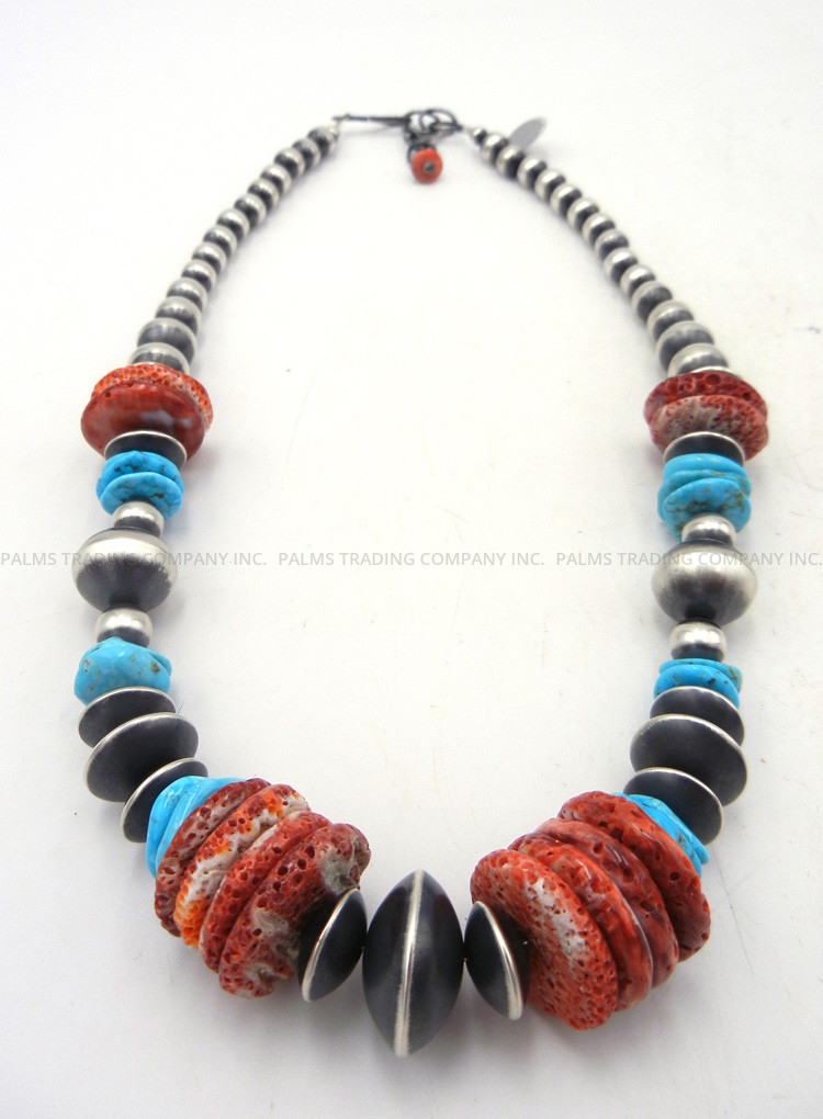 Navajo Spiny And Turquoise Sterling Silver Navajo Pearl Beaded Necklace 30 Inch