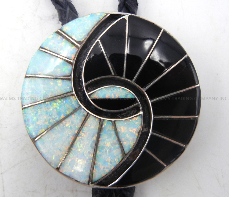 Zuni jet, lab opal, and sterling silver inlay hummingbird pattern bolo tie by Amy Quandelacy
