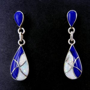 Zuni lapis, lab opal and sterling silver inlay dangle earrings by Orlinda Natewa