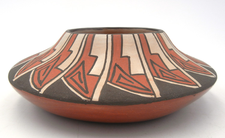 Jemez handmade and hand painted feather design squat bowl by Juanita Fragua