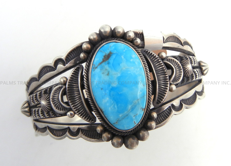 Navajo Kingman turquoise and brushed sterling silver cuff bracelet by Aaron Toadlena