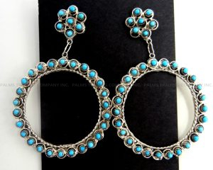 Zuni turquoise petit point and sterling silver circle dangle earrings featuring Sleeping Beauty turquoise