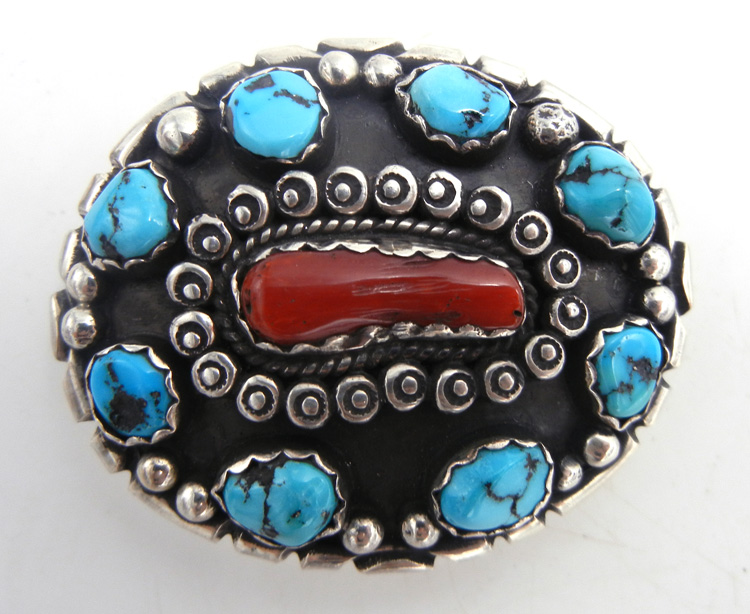 Navajo small turquoise, coral, and sterling silver belt buckle by Robert Yellowhorse
