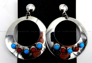 Navajo large sterling silver, turquoise and coral round cut out dangle earrings