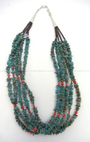 Santo Domingo turquoise, coral, and olive shell five strand heishi necklace by Irene Lovato