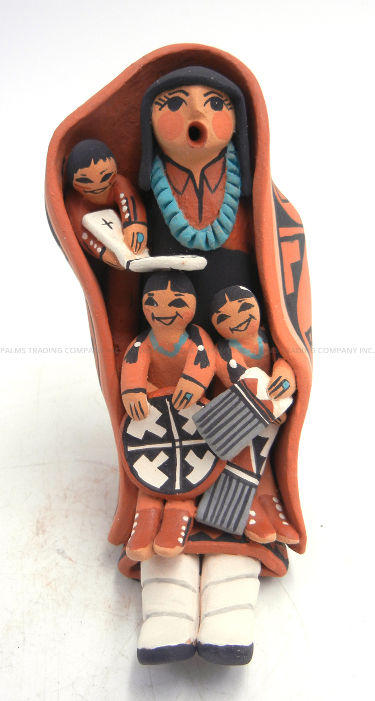 Jemez seated storyteller with three children by Carol Lucero Gachupin