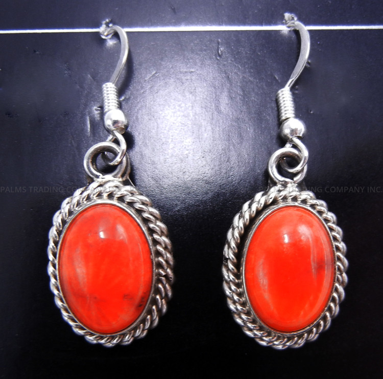 Navajo orange spiny oyster shell and sterling silver dangle earrings