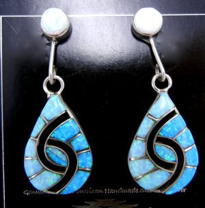 Zuni blue and white lab opal and sterling silver inlay hummingbird pattern earrings by Amy Quandelacy