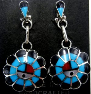 Zuni multi-stone inlay and sterling silver sunface dangle earrings