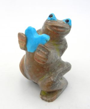 Zuni carved stone Picasso marble frog fetish with turquoise accents by Freddie Leekya