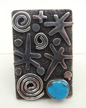 Navajo sterling silver and turquoise petroglyph style ring by Alex Sanchez