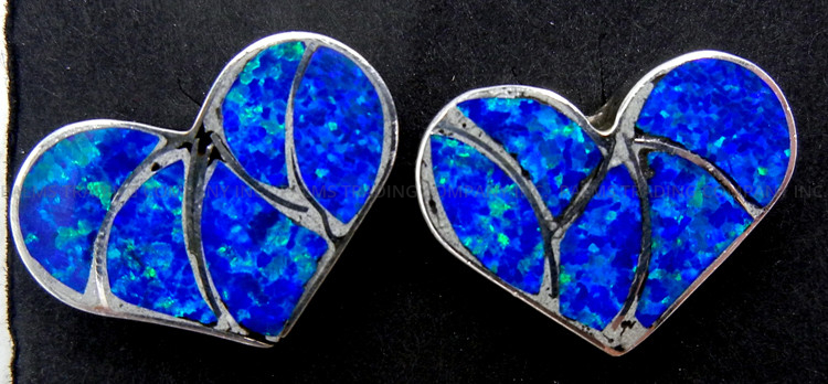 Zuni blue lab opal and sterling silver inlay heart earrings