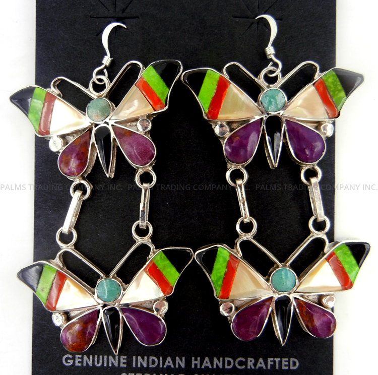 Zuni multi-stone and sterling silver inlay double butterfly dangle earrings by Angus Ahiyite