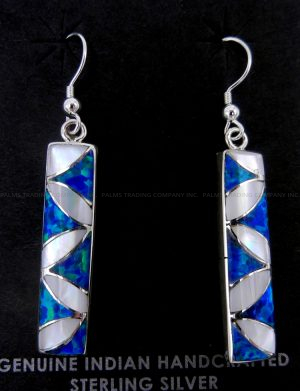 Zuni blue and white lab opal and sterling silver inlay dangle earrings by Orlinda Natewa