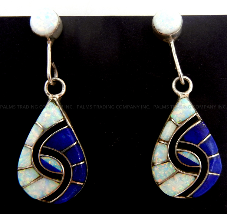 Zuni lapis, white lab opal, and sterling silver inlay hummingbird pattern dangle earrings by Amy Quandelacy