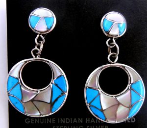 Zuni white mother of pearl, turquoise, and sterling silver inlay dangle cut out earrings
