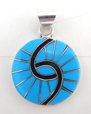Zuni Sleeping Beauty turquoise and sterling silver inlay hummingbird pattern pendant by Amy Quandelacy
