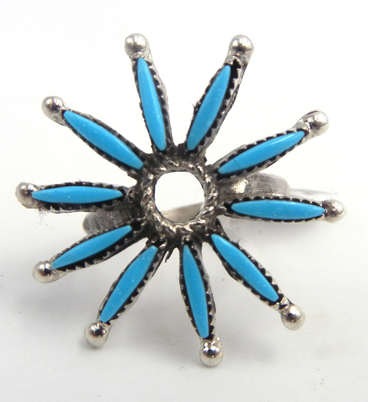Zuni turquoise needlepoint and sterling silver starburst ring