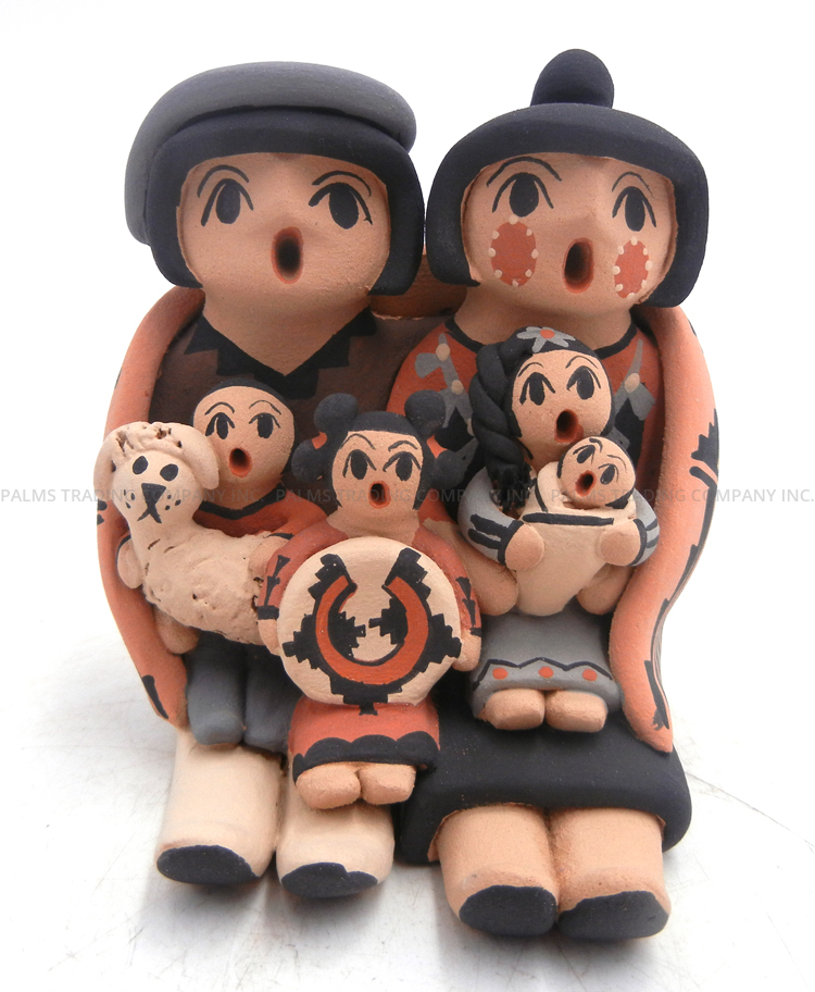Jemez double seated storyteller figurine with four children and dog by Chrislyn Fragua