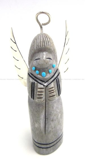 Zuni carved elk antler angel fetish with sterling silver and turquoise accents by Claudia Peina
