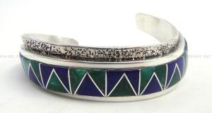 Navajo lapis, malachite, and sterling silver inlay cuff bracelet with curved shank by Gilbert Nelson