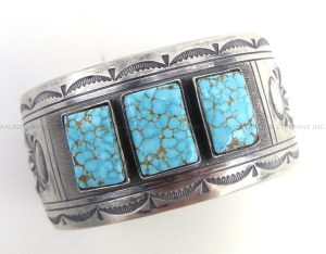 Navajo three stone Kingman turquoise and sterling silver wide band cuff bracelet