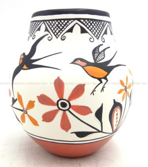 Zia small polychrome handmade and hand painted bird and floral design jar by Elizabeth and Marcellus Medina