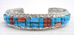 Navajo multi-stone cornrow inlay and sterling silver cuff bracelet