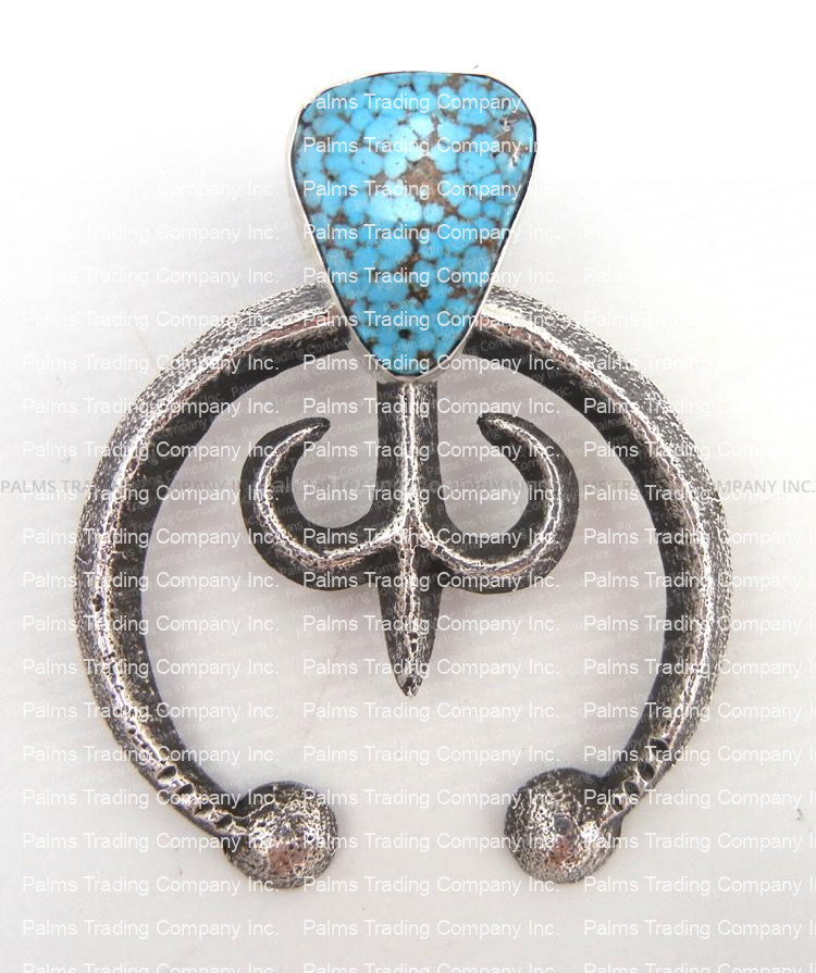 Navajo sandcast sterling silver and Kingman turquoise naja pendant