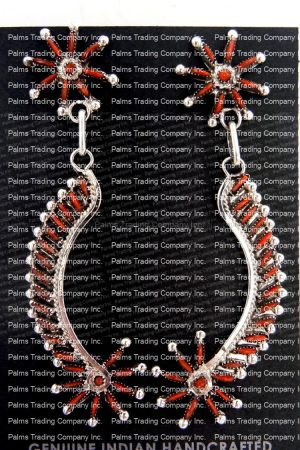 Zuni coral needlepoint and sterling silver starburst and curve earrings