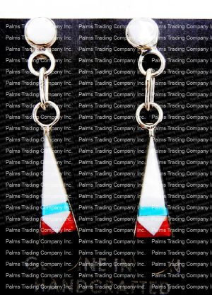 Zuni small multi-stone inlay and sterling silver dangle earrings