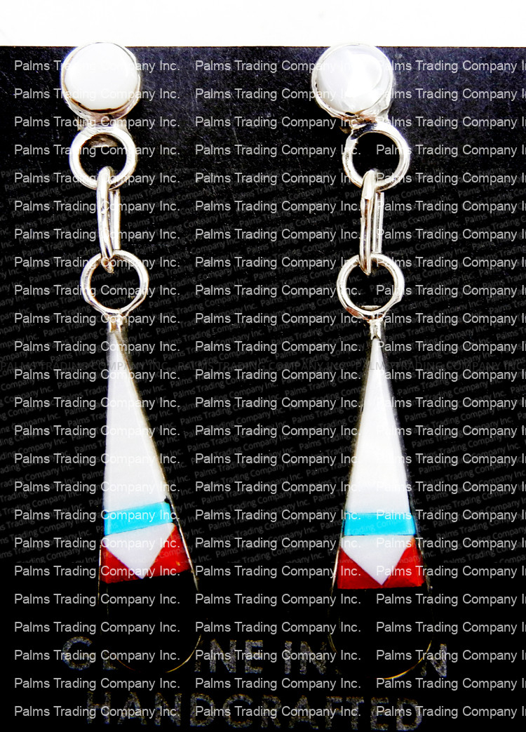 Flower Drop Inlaid Turquoise and Coral Dangle Silver Earrings 