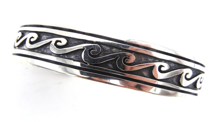 Hopi sterling silver overlay wave pattern cuff bracelet