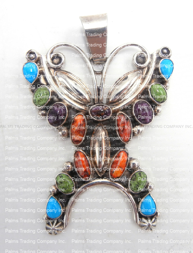 Navajo turquoise, spiny oyster shell and sterling silver butterfly pendant
