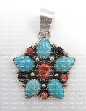 Navajo turquoise, red spiny oyster shell, onyx and sterling silver star pattern pendant