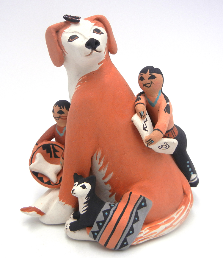 Jemez dog storyteller figurine with two children and puppy by Carol Lucero Gachupin