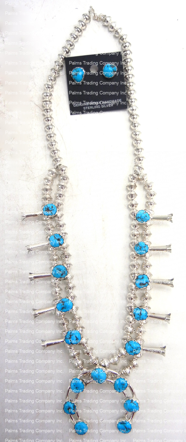 Navajo Kingman turquoise and sterling silver squash blossom necklace and earring set