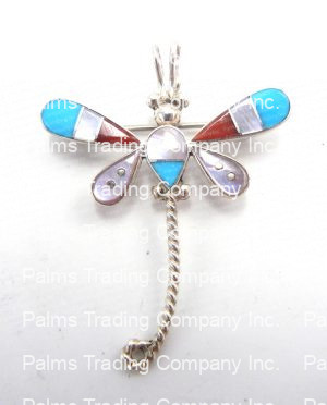 Zuni small multi-stone inlay and sterling silver dragonfly pin/pendant