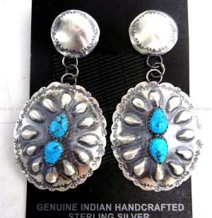 Navajo double turquoise and brushed sterling silver concho style dangle earrings